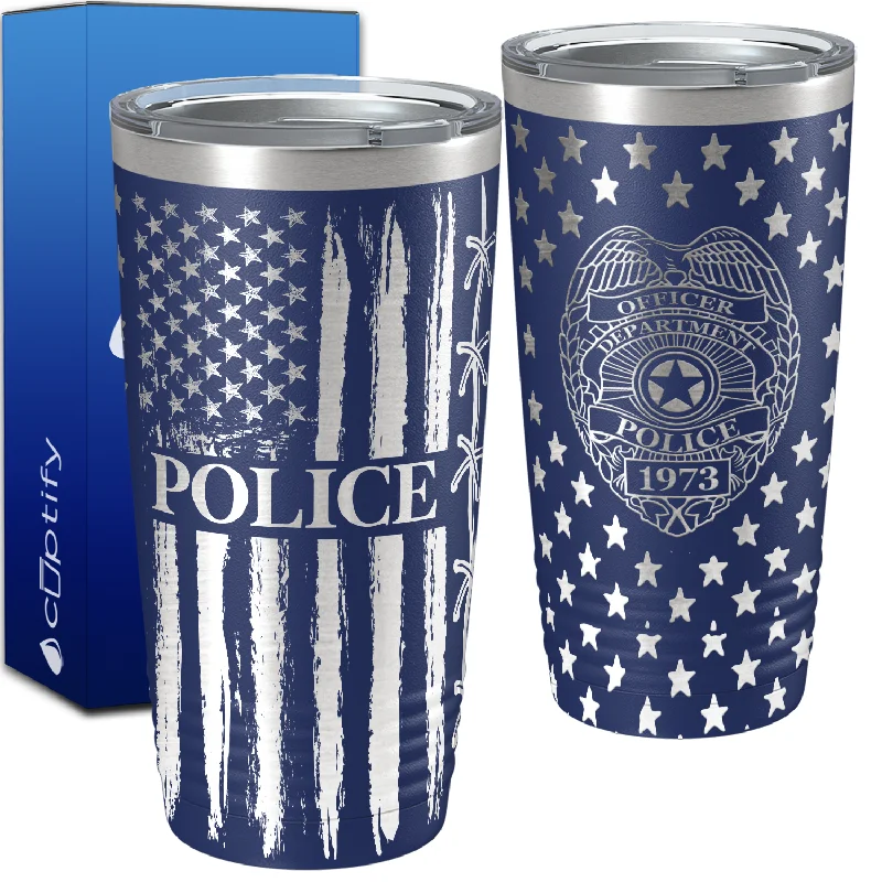 Personalized Badge Number Police Department Officer Engraved Wrap 20oz Navy Blue Tumbler