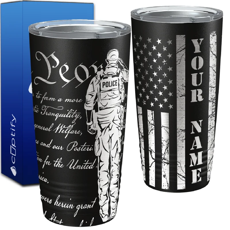 Personalized Police We the People Distressed Flag Engraved Wrap 20oz Black Tumbler