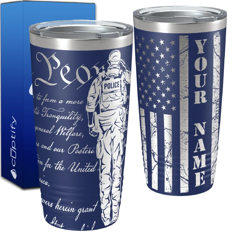 Personalized Police We the People Distressed Flag Engraved Wrap 20oz Navy Blue Tumbler