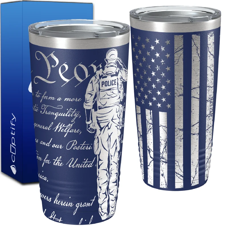 Police We the People Distressed Flag Engraved Wrap 20oz Navy Blue Tumbler